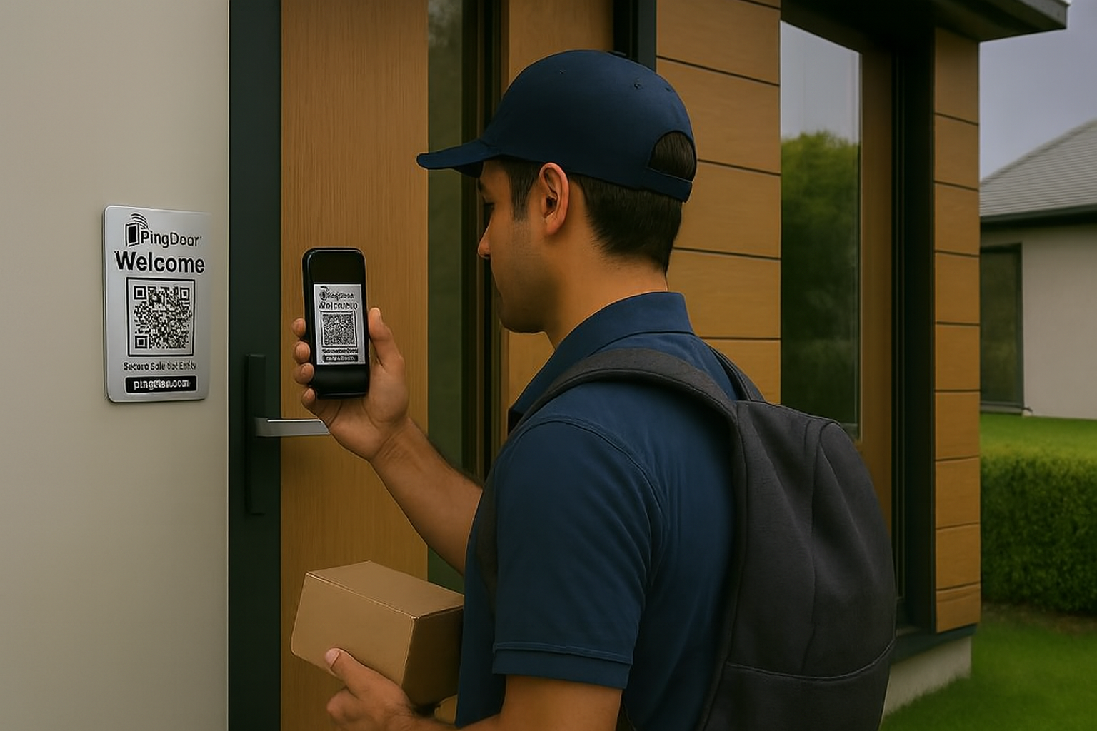 Kapıdaki PingDoor QR tabelasını telefonuyla tarayan kurye