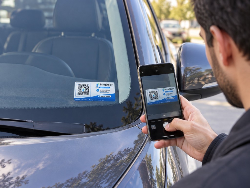 Araç camındaki PingDoor QR sticker’ını telefonla tarayan kişi
